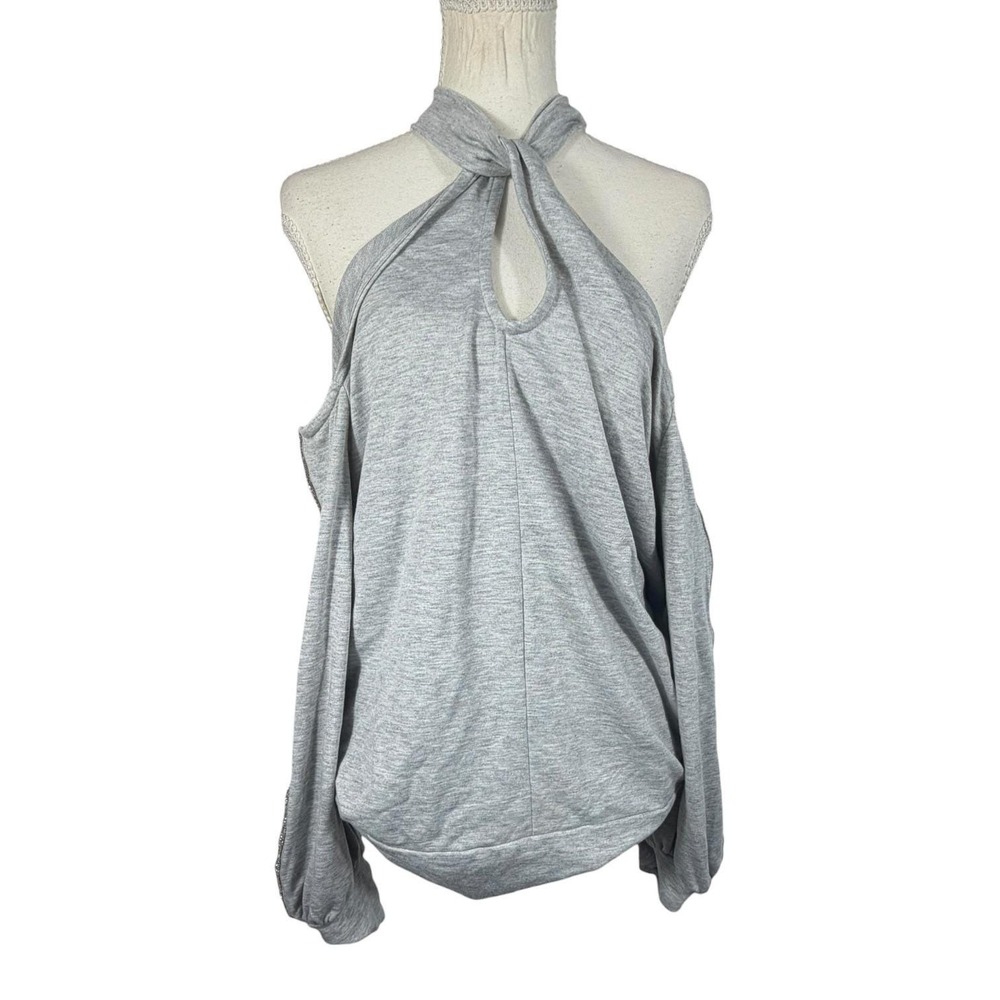 VENUS Cold Shoulder Top Womens L Gray Rhinestone Keyhole Halter Long Sleeve - Picture 3 of 17